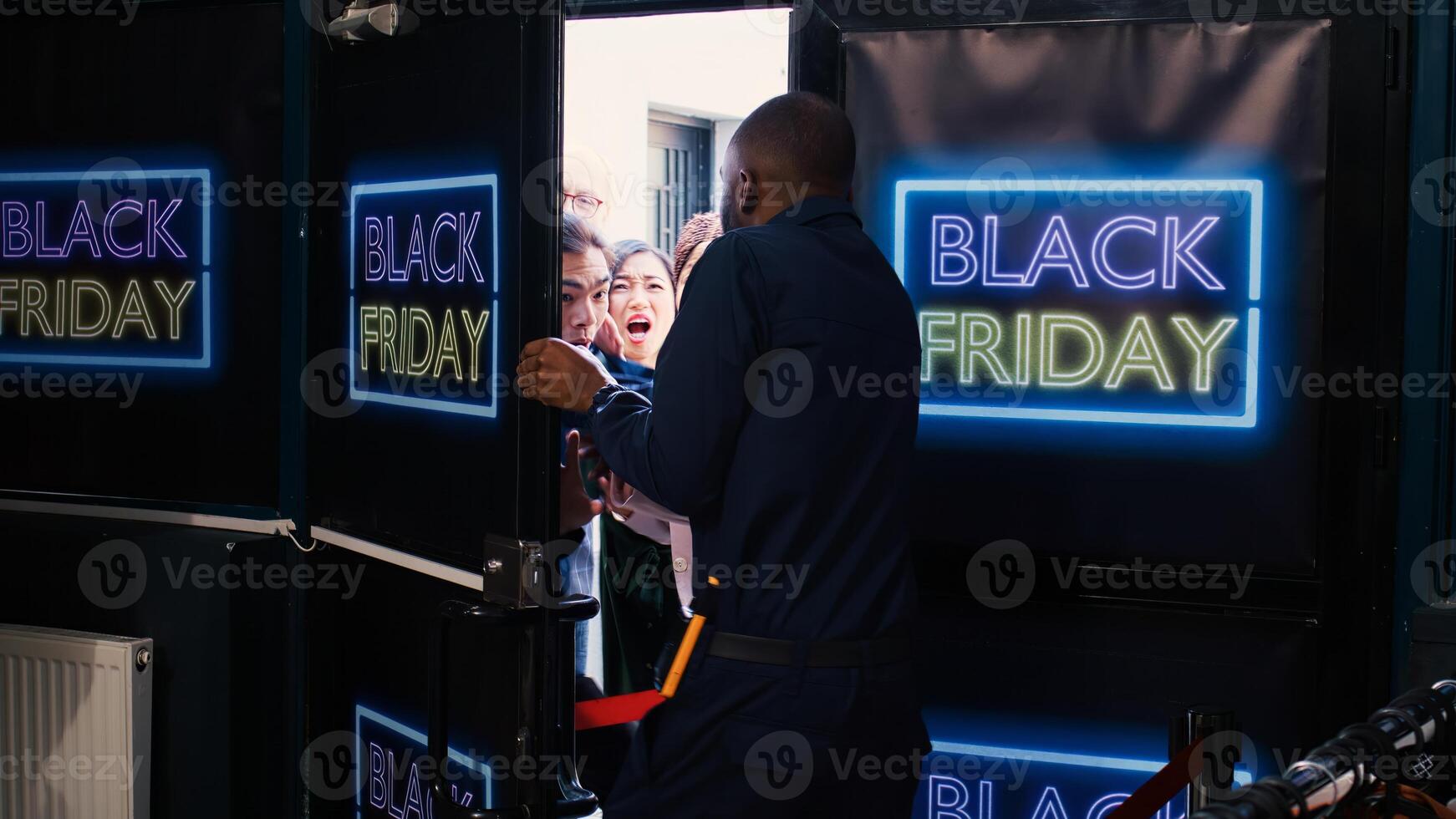Crowd of diverse clients at entrance pushing to open front door, going crazy on black friday. People customers arguing with african american security agent waiting in line. Bargain hunting. photo