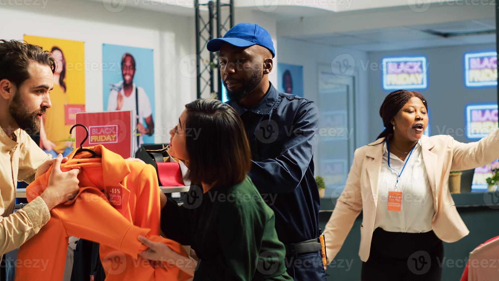 People into shopping madness during black friday sales, arguing over clothes with big discount. Angry customers pulling merchandise and being obsessed over promotional clearance items. photo