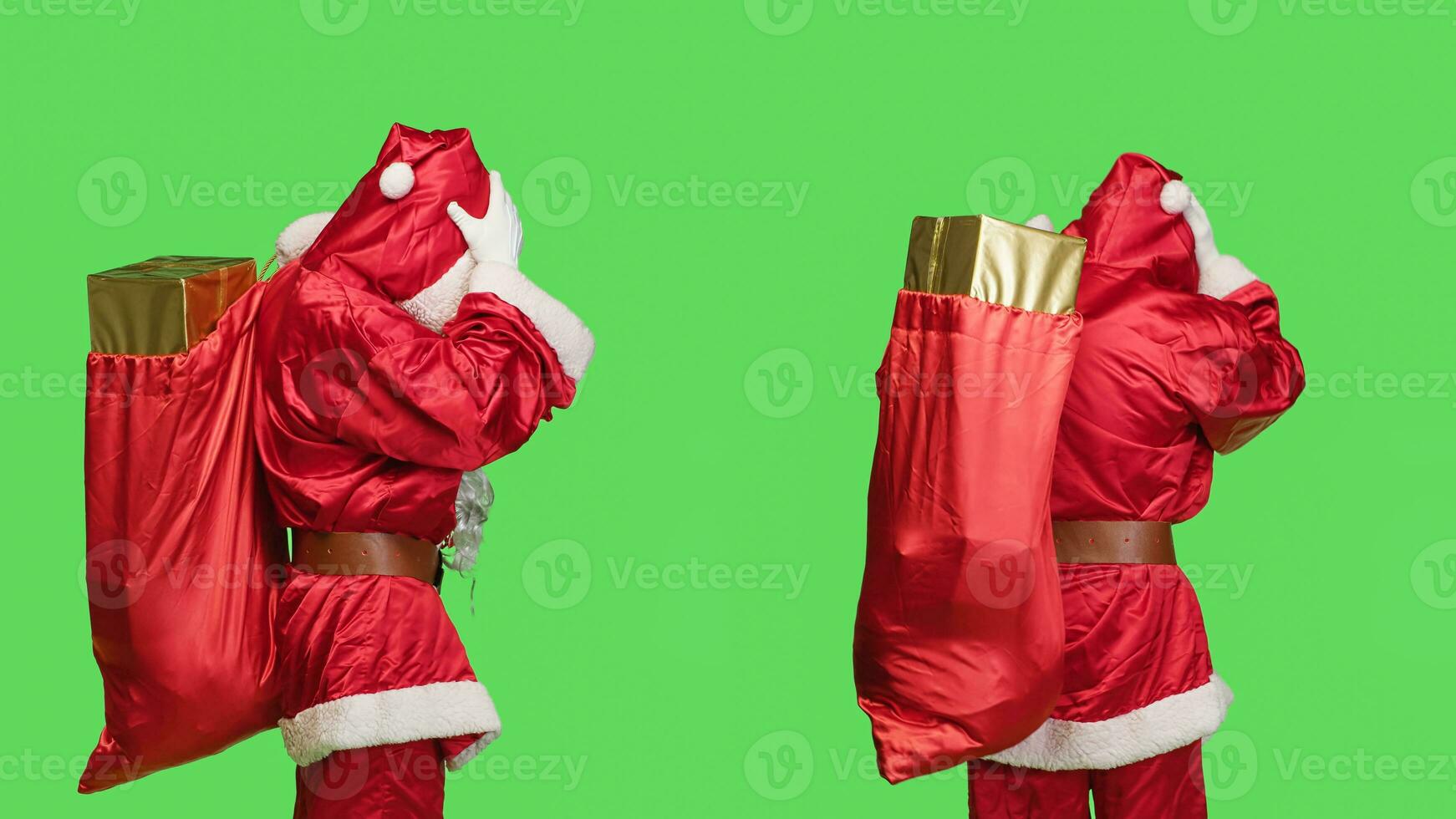 Santa with headache carries bag of gifts, trying to deliver presents to children on time for christmas eve celebration. Sick unwell winter character having painful migraine, greenscreen. photo