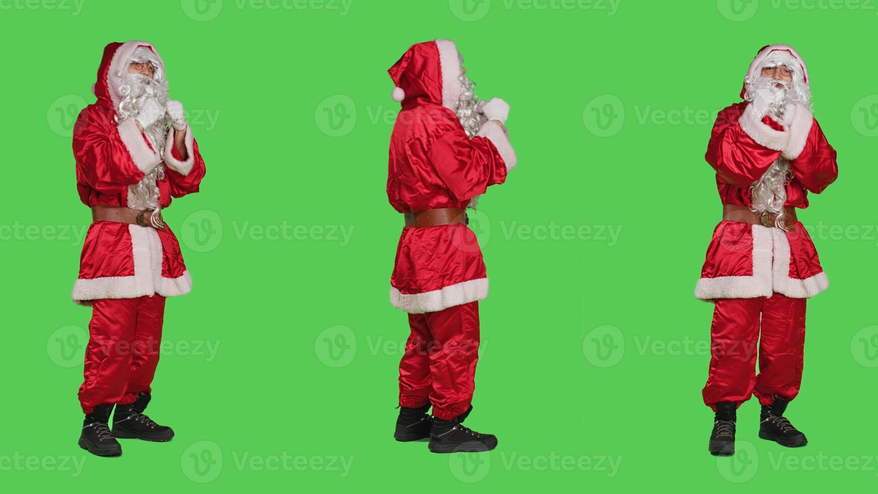 Saint nick hail someone on camera, asking people to come over and join him. Father christmas embodiment in costume calling person to accompany, full body greenscreen background. photo