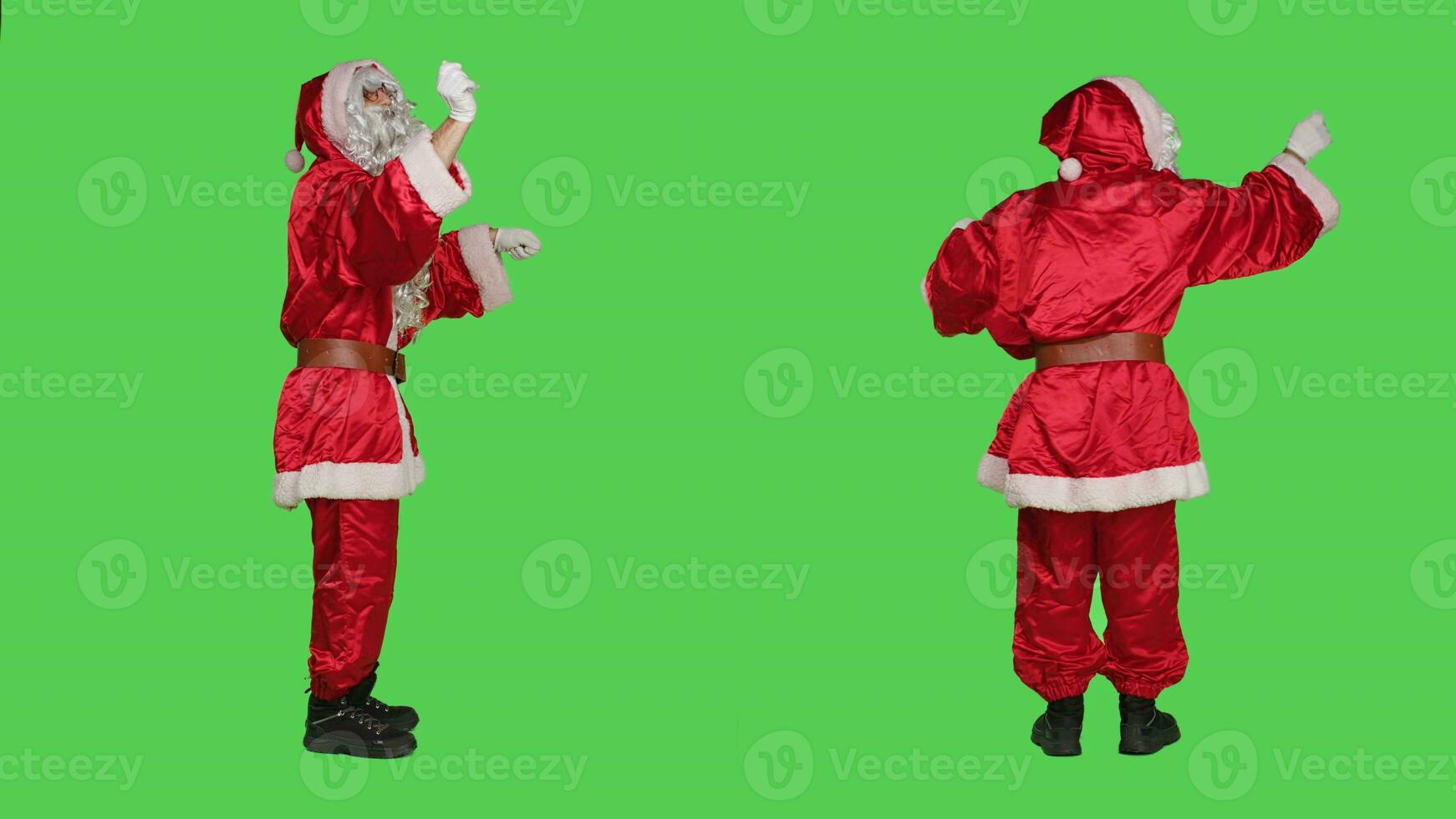 Saint nick musician accompany orchestra to sing, choir master conducting music notes on camera over greenscreen backdrop. Father christmas performing as musical director, christmas eve. photo