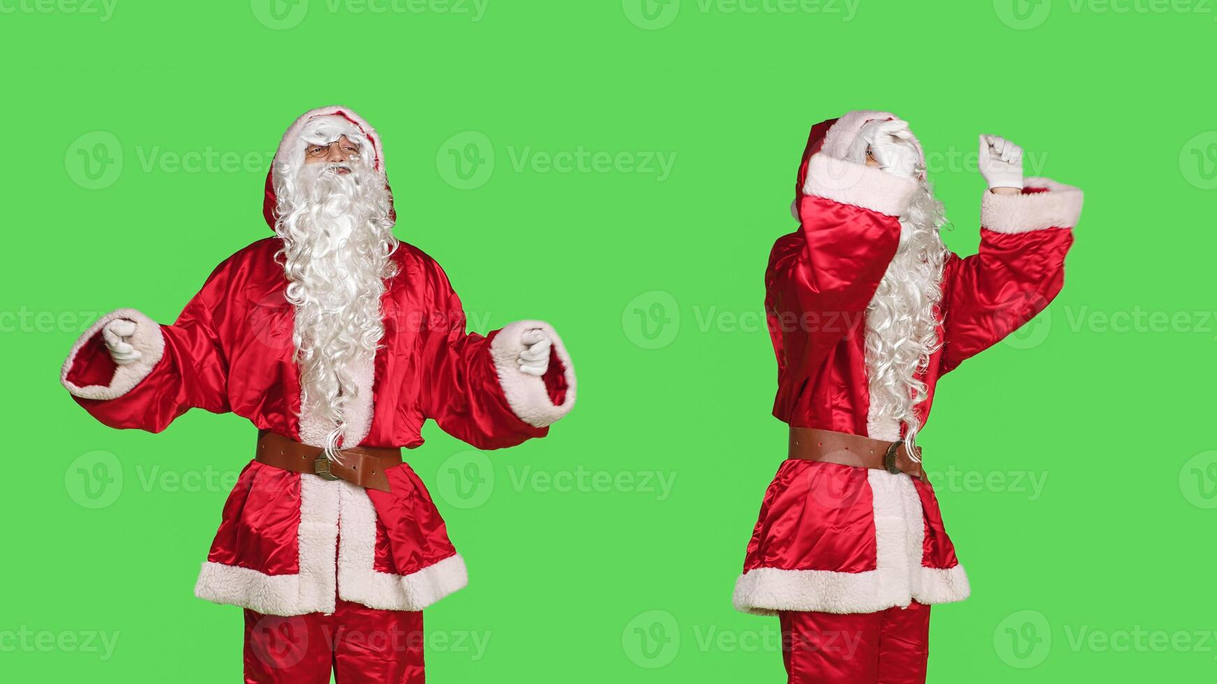 Santa choirmaster conducting orchestra, musical chief accompany music notes in studio over greenscreen. Father christmas acting like musical conductor, musician singing on camera. photo