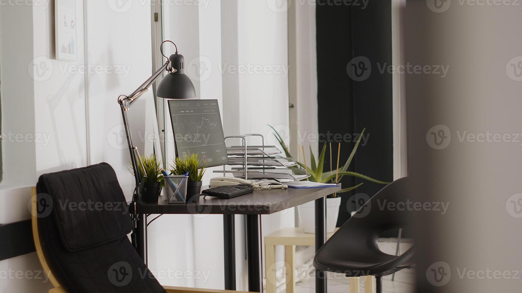 Corporation office space filled with computers on desks, agency open space with workstations in interior boardroom. Empty department room in company center, corporate occupation. photo