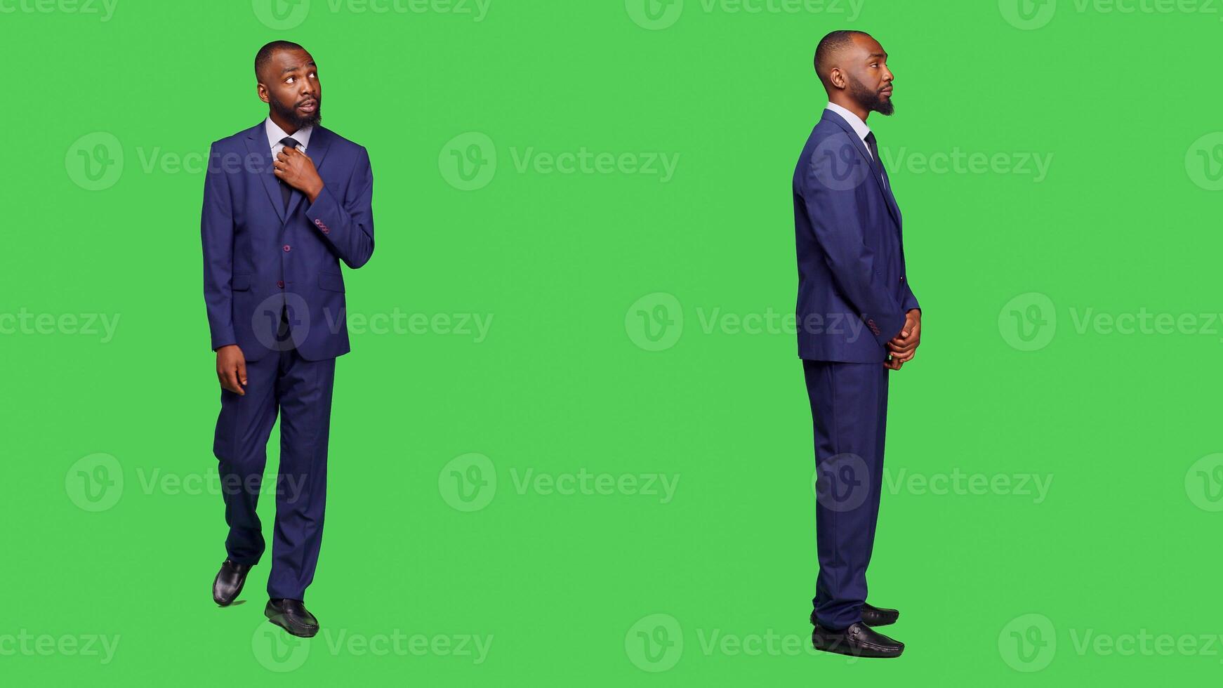 Young startup manager being amazed and shocked, feeling confident in formal office suit over full body green screen. Surprised company worker in awe seeing something on camera. photo