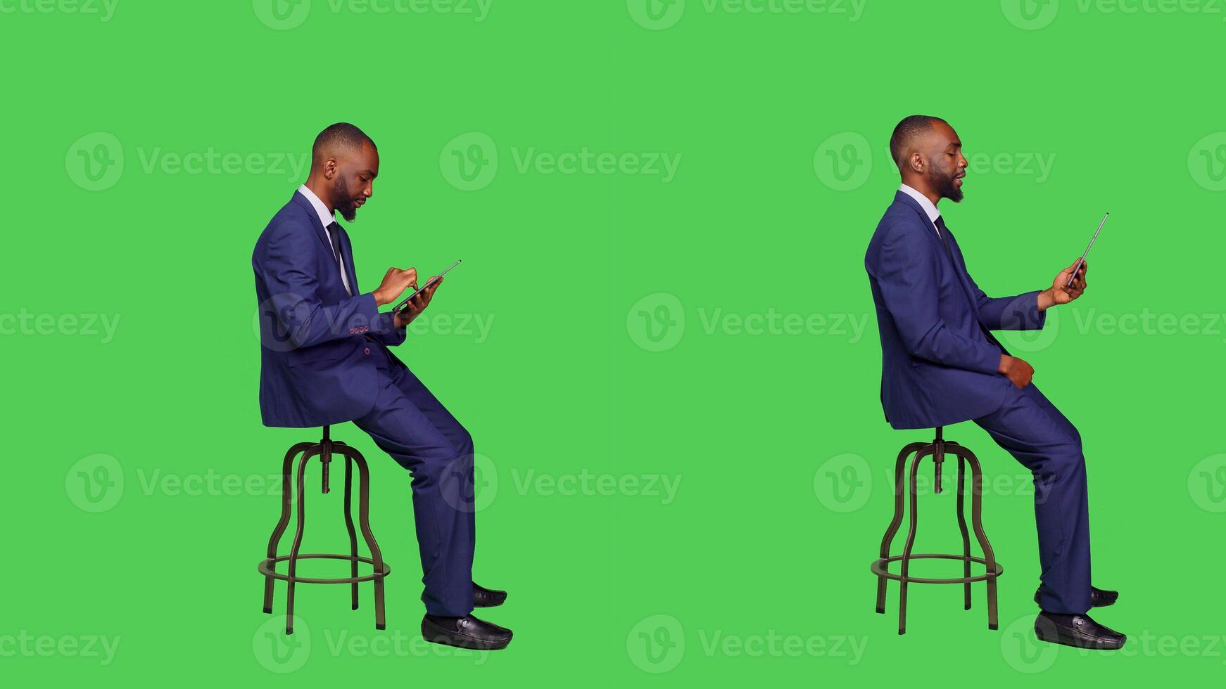 Male employee browsing online and using videocall on digital tablet, attending business meeting teleconference. Young adult in formal suit working with modern device over greenscreen. photo