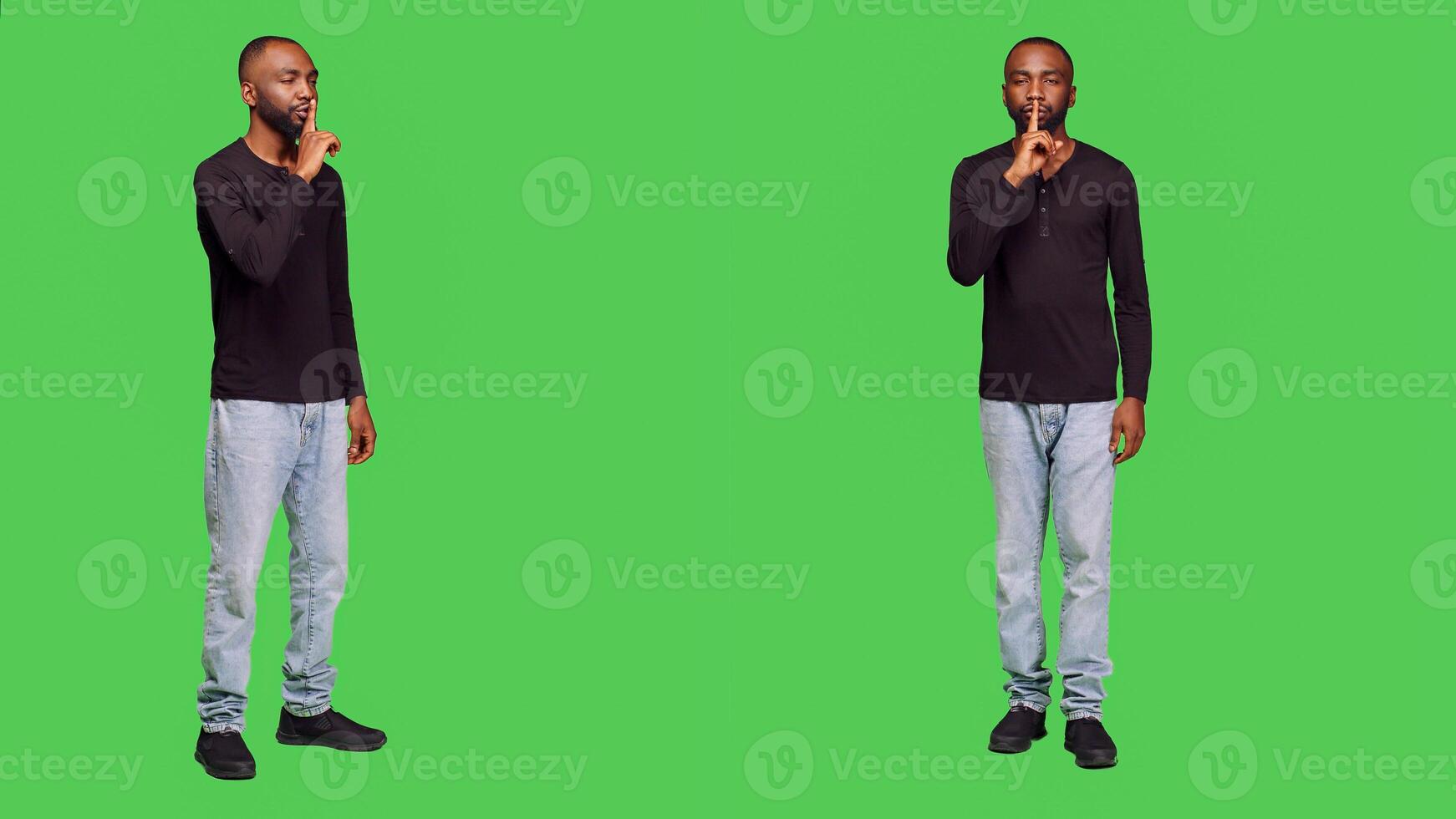Young adult showing hush sign on camera, expressing privacy and silence in studio. Private person doing mute symbol and being confidential, keeping secret over full body green screen. photo