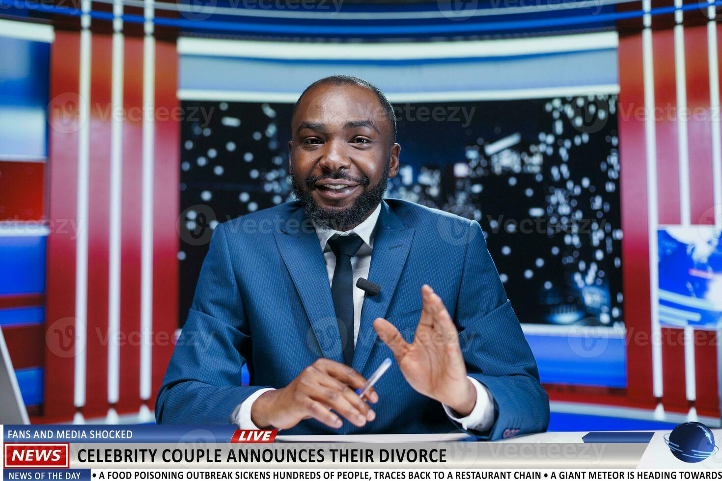 Host reveals famous couple divorcing on live television night show, presenter doing media reportage abut celebrities ending marriage in news studio. African american entertainment journalist. photo