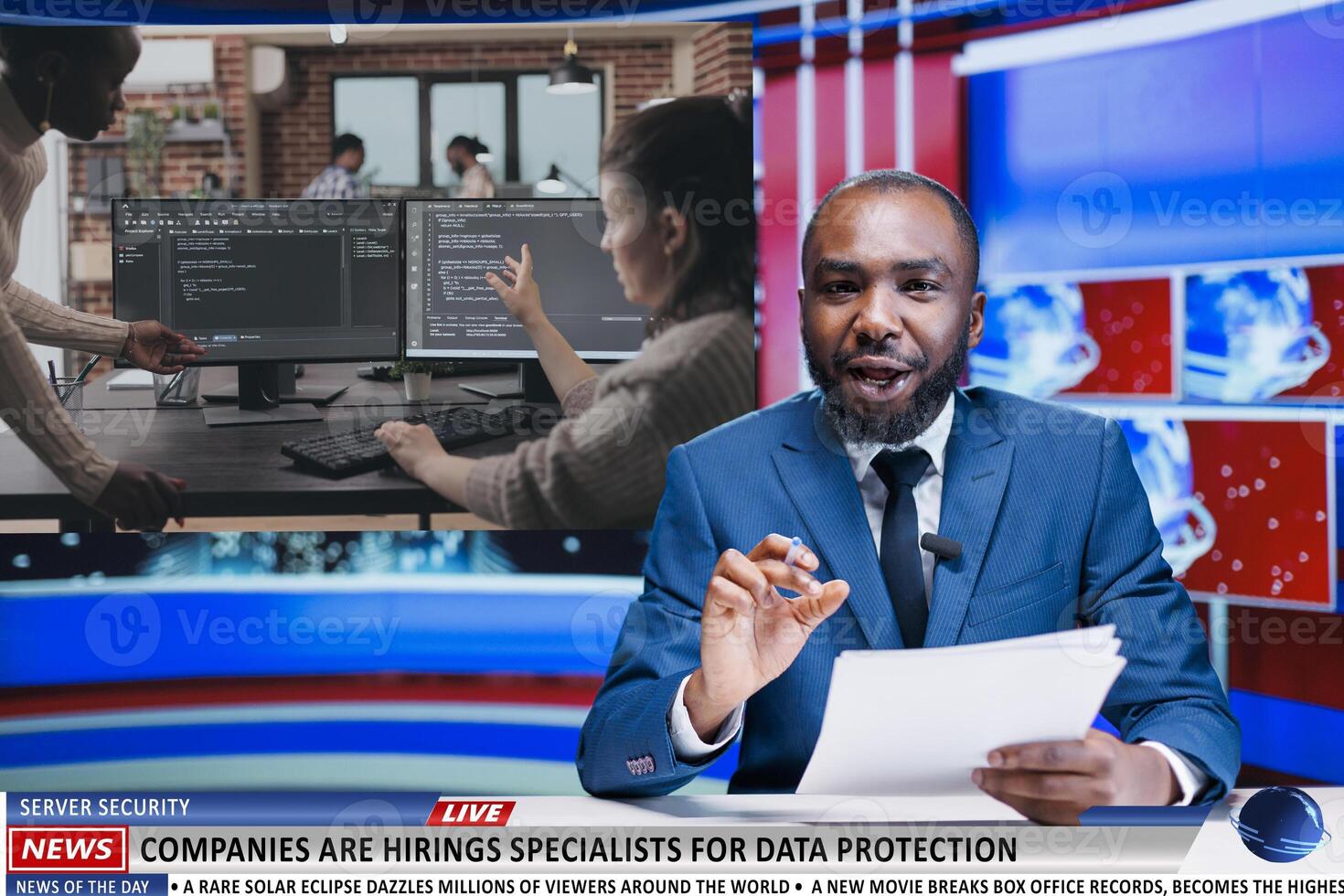 Journalist talks of data protection growth among big companies, news reportage about IT programming industry jobs. African american man presenter covering technology newscast, tv host. photo