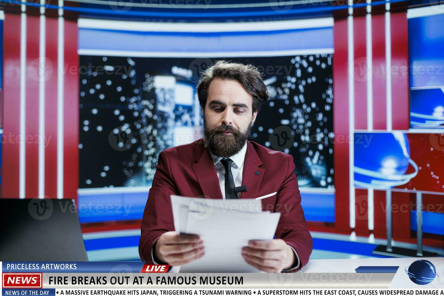 Anchorman reveals museum on fire breaking news, many artifacts and artworks are in danger of burning. News broadcaster being worried about historical pieces at famous landmark. photo
