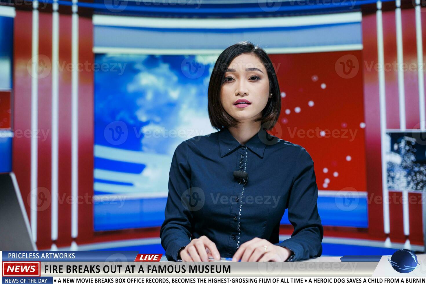 Anchorwoman talks about fire at museum on international news channel, famous artifacts and artworks in danger after building started burning. Journalist reports disaster at historical landmark. photo