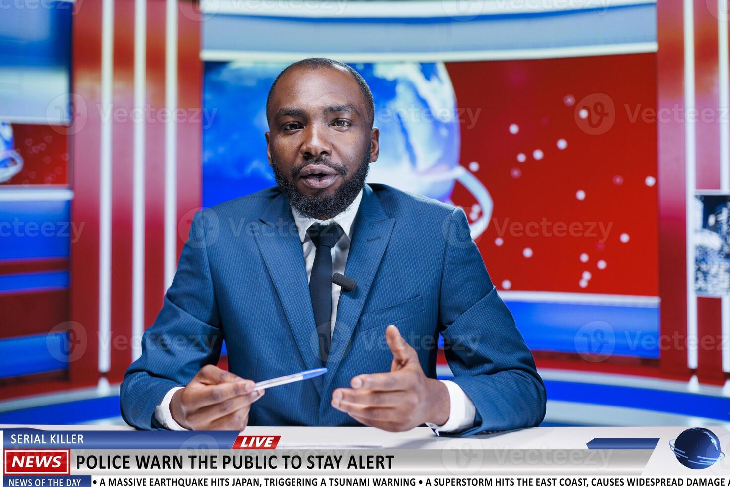 Breaking news serial killer on the loose, african american reporter warns citizens to stay alert and cautious after criminal escaped prison. News broadcaster working on global communications. photo