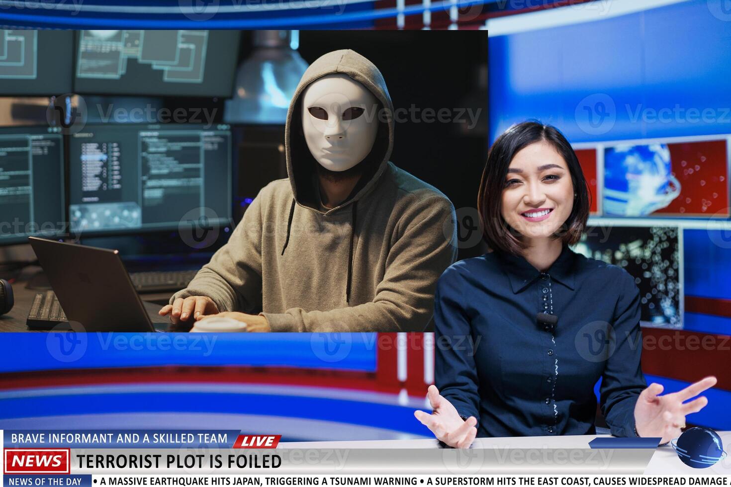 News anchor talks about cyber security, IT specialists solving terrorist malware attack before stealing official government information. Woman journalist covers important daily news topics. photo