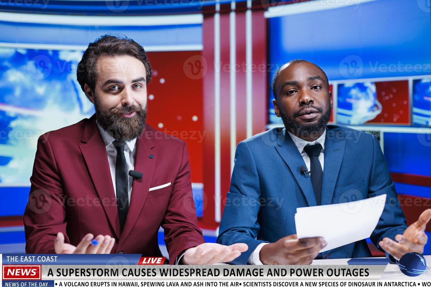 Broadcasters present superstorm insight on live morning show, debating global problems and natural disasters on television program. Media hosts give breaking news on coastline catastrophe. photo