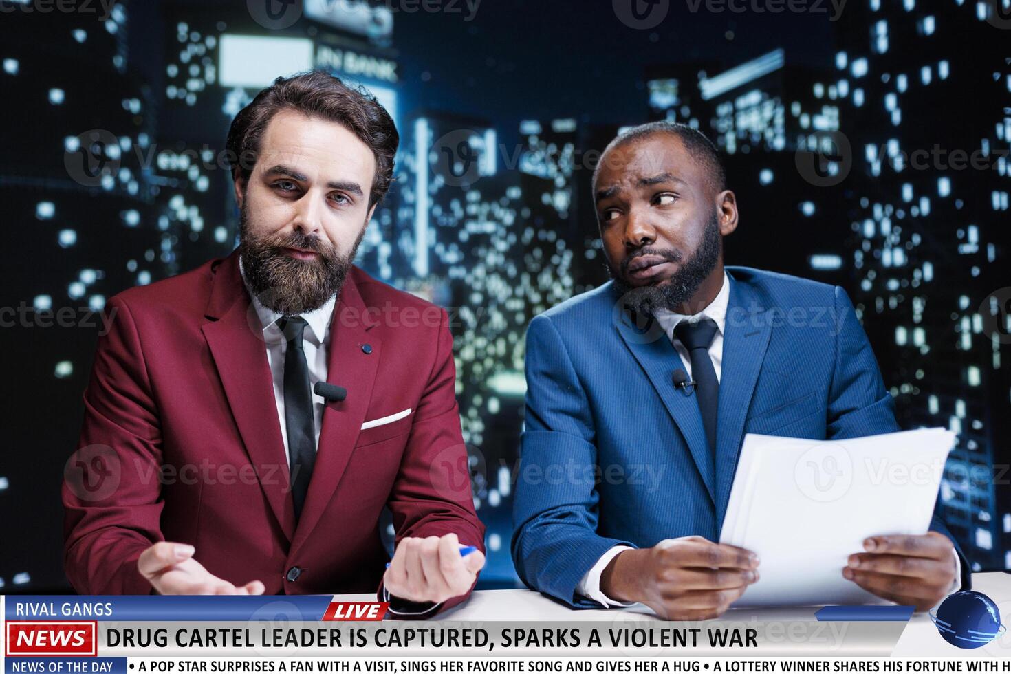 Journalists team reveal dangerous cartel criminals caught by authorities, risk of a violent war start between gangs. Two men doing newscast reportage about drug leader on live program. photo