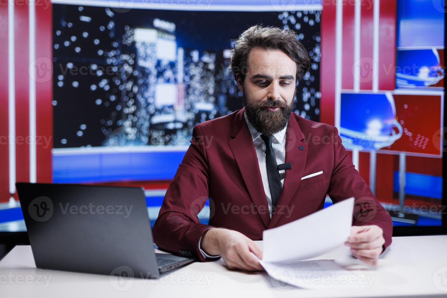 TV reporter reading headlines in newsroom and hosting night show to cover all important topics of the day, global communications. Newscaster presenting latest world and entertainment news. photo