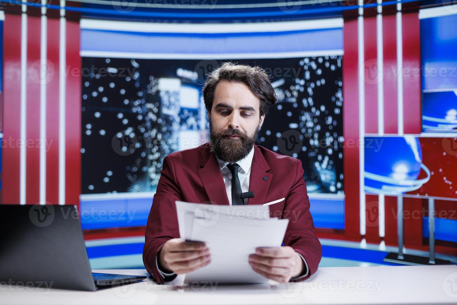 News presenter addressing events on midnight talk show, broadcasting live information on international tv program. Media reporter working on daily newscast reportage in studio, entertainment. photo