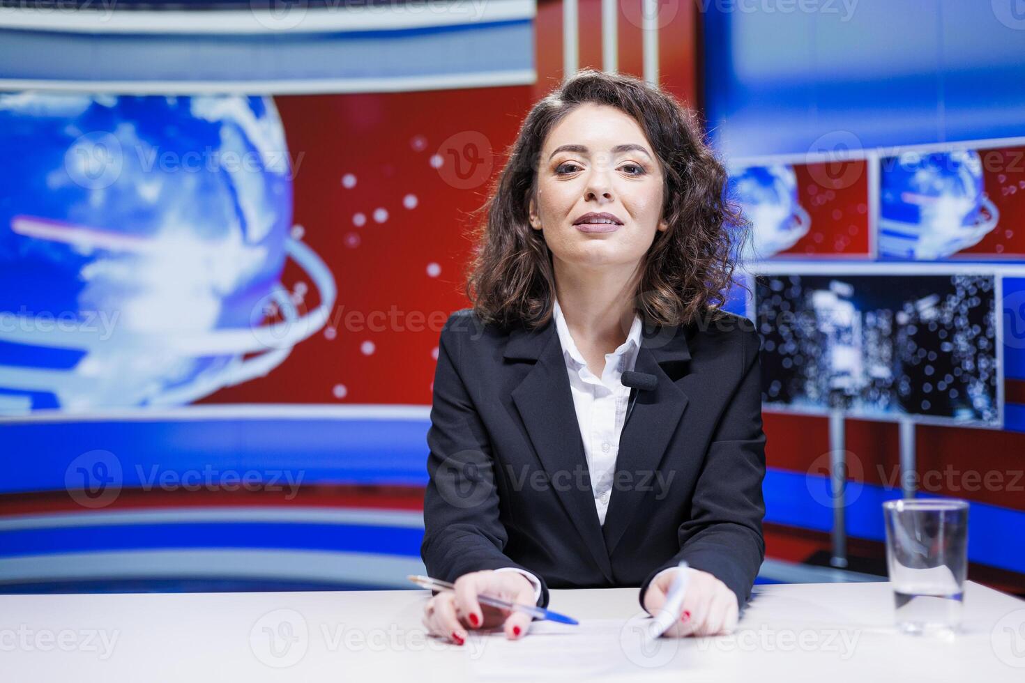 Woman presenter hosting news segment in newsroom, broadcasting live information from around the world. News anchor discussing about latest events on international television network. photo