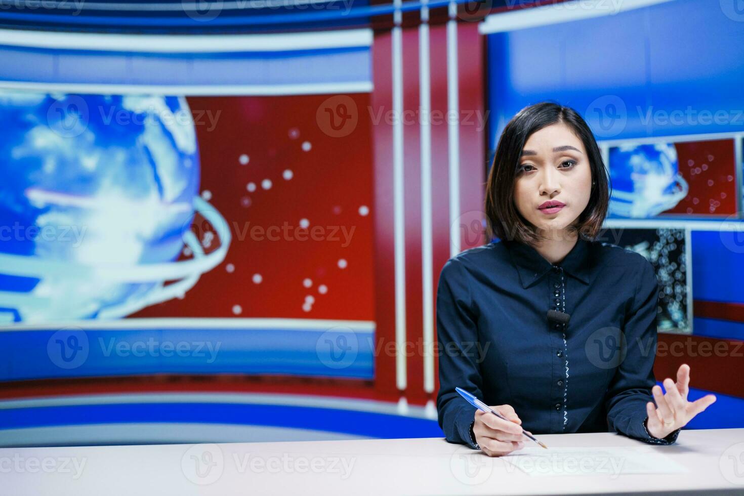 TV reporter covering latest topics live in newsroom, presenting daily events and incidents worldwide. Asian woman journalist hosting breaking news segment on international tv channel. photo