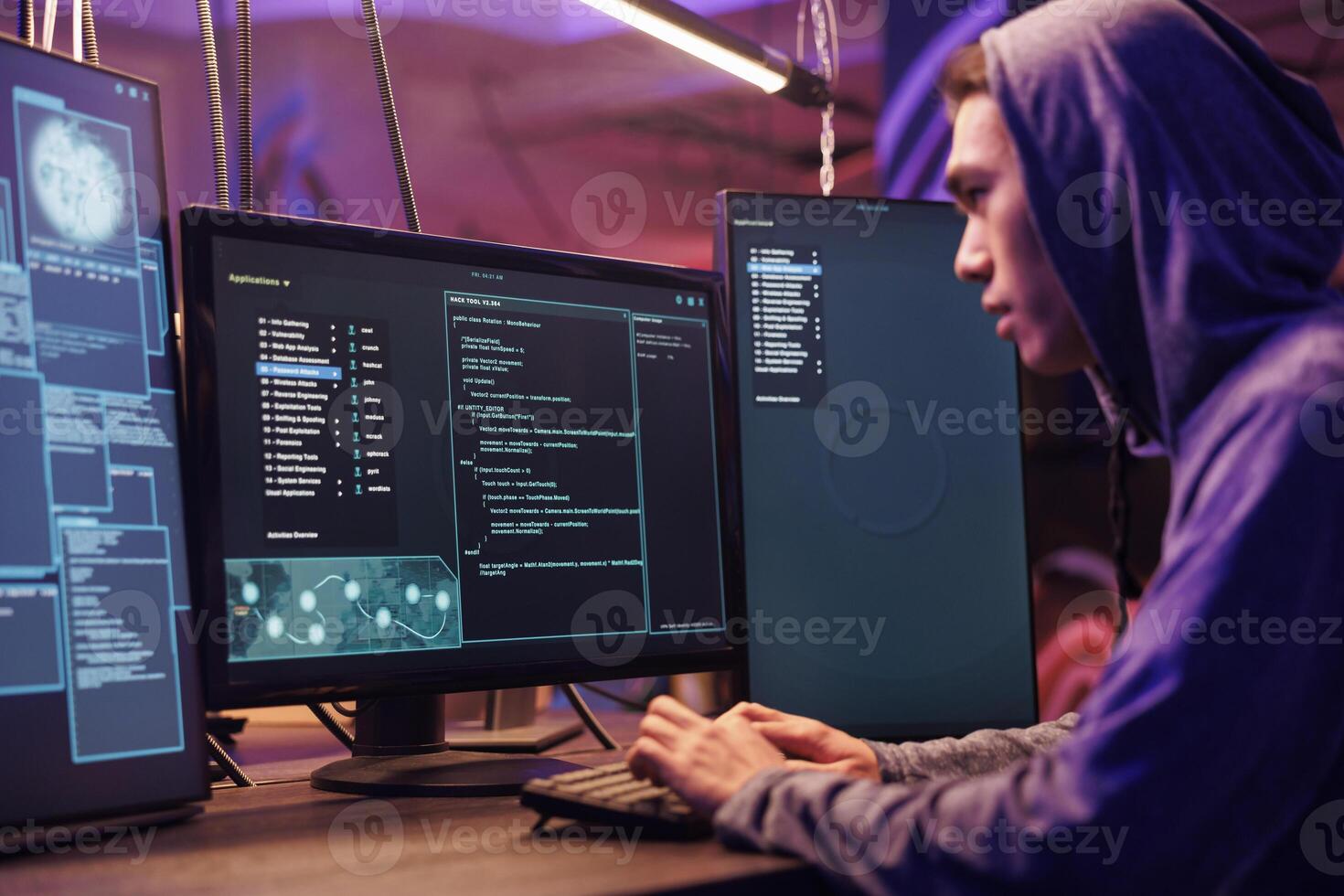 Asian hacker using ransomware to attack server and cracking password. Internet scammer in hood planning phishing attack and developing malicious software to breach data in dark room photo