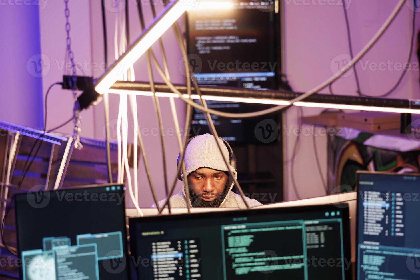 Hacker in headphones programming malware on multiple computer monitors with illegal code on screen. African american man in hood breaking into database and hacking network system photo