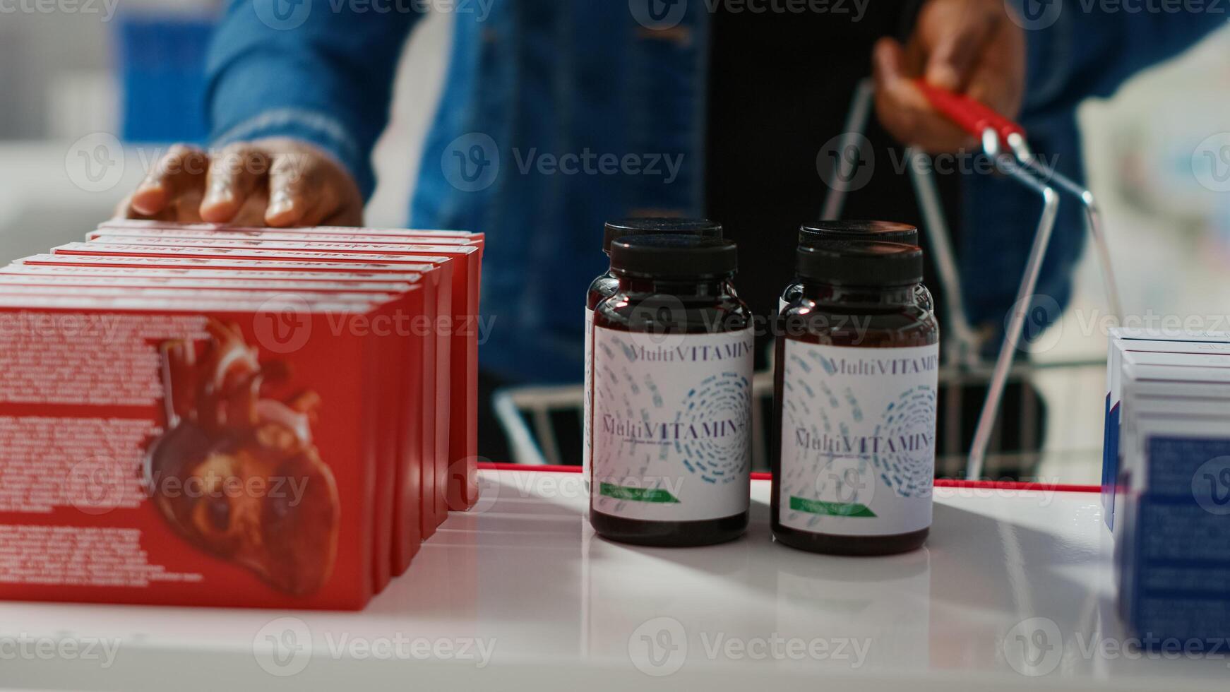 African american woman taking vitamins from shelves, looking to buy prescription treatment and pharmaceutics. Young adult checking medicaments and heealhcare products. Close up. photo