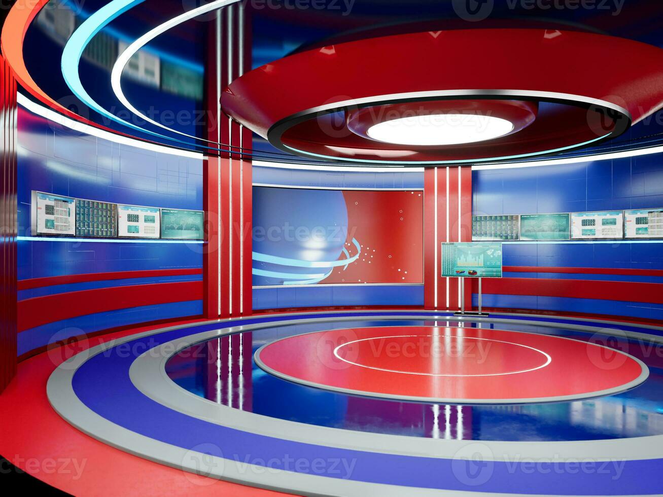 News room with stage for breaking news broadcasting on television channel. News studio international broadcast, screen with graphic package, modern world news. 3d render animation. photo