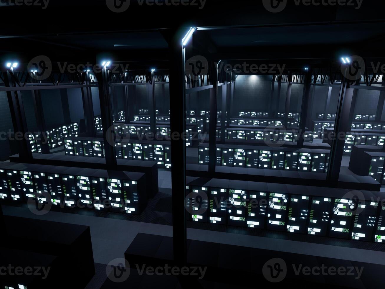 AI big data server room with racks used for global neural network and hardware information, cloud computing database center. Modern supercomputer and lights flickering. 3d render animation. photo