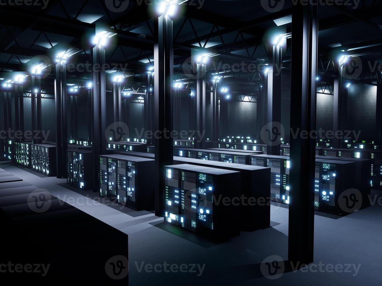 Futuristic data center with server racks and neural network connection database, cloud computing concept. Supercomputer render farm server room with database storage. 3d render animation. photo