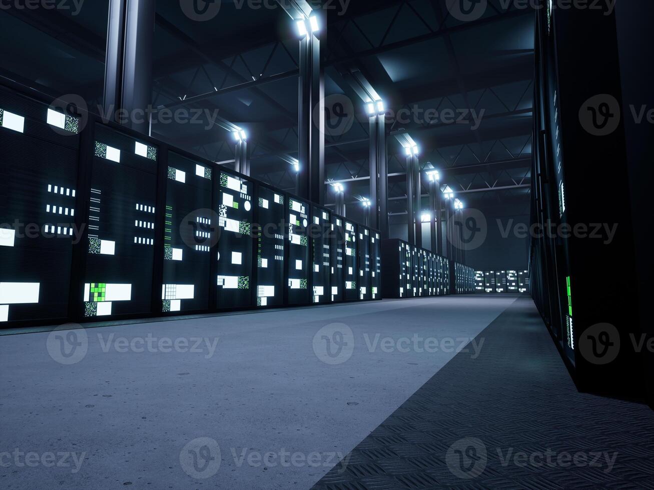Modern server room with online storage and multiple racks, digital hardware infrastructure and neural network. Big data center used for cloud computing and AI revolution. 3d render animation. photo