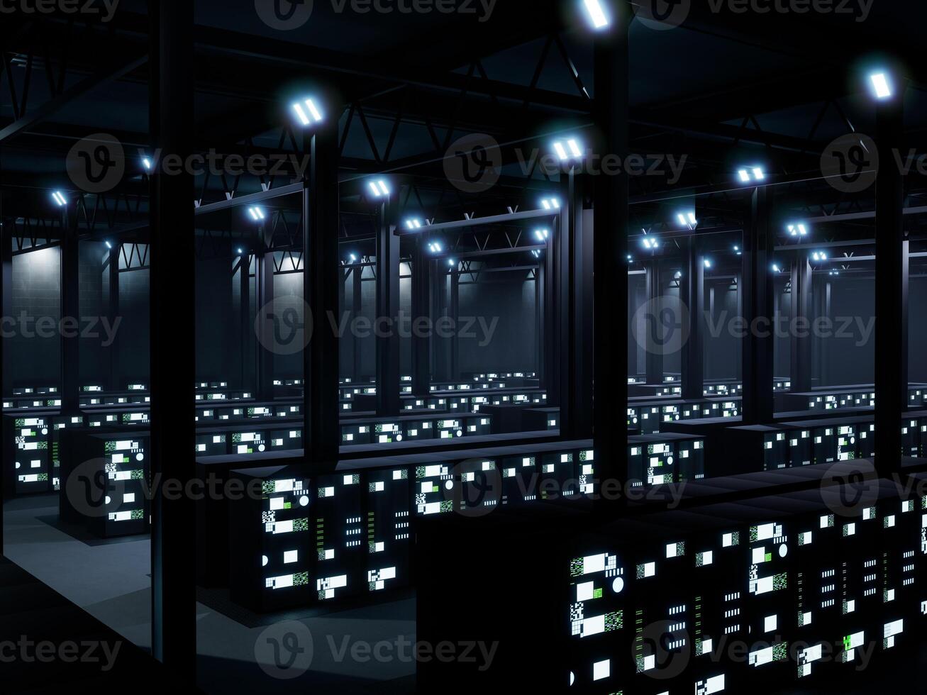 Modern database center with servers on racks, IT space used for global supercomputer storage. Server room with lights flickering, cloud computing and neural network. 3d render animation. photo