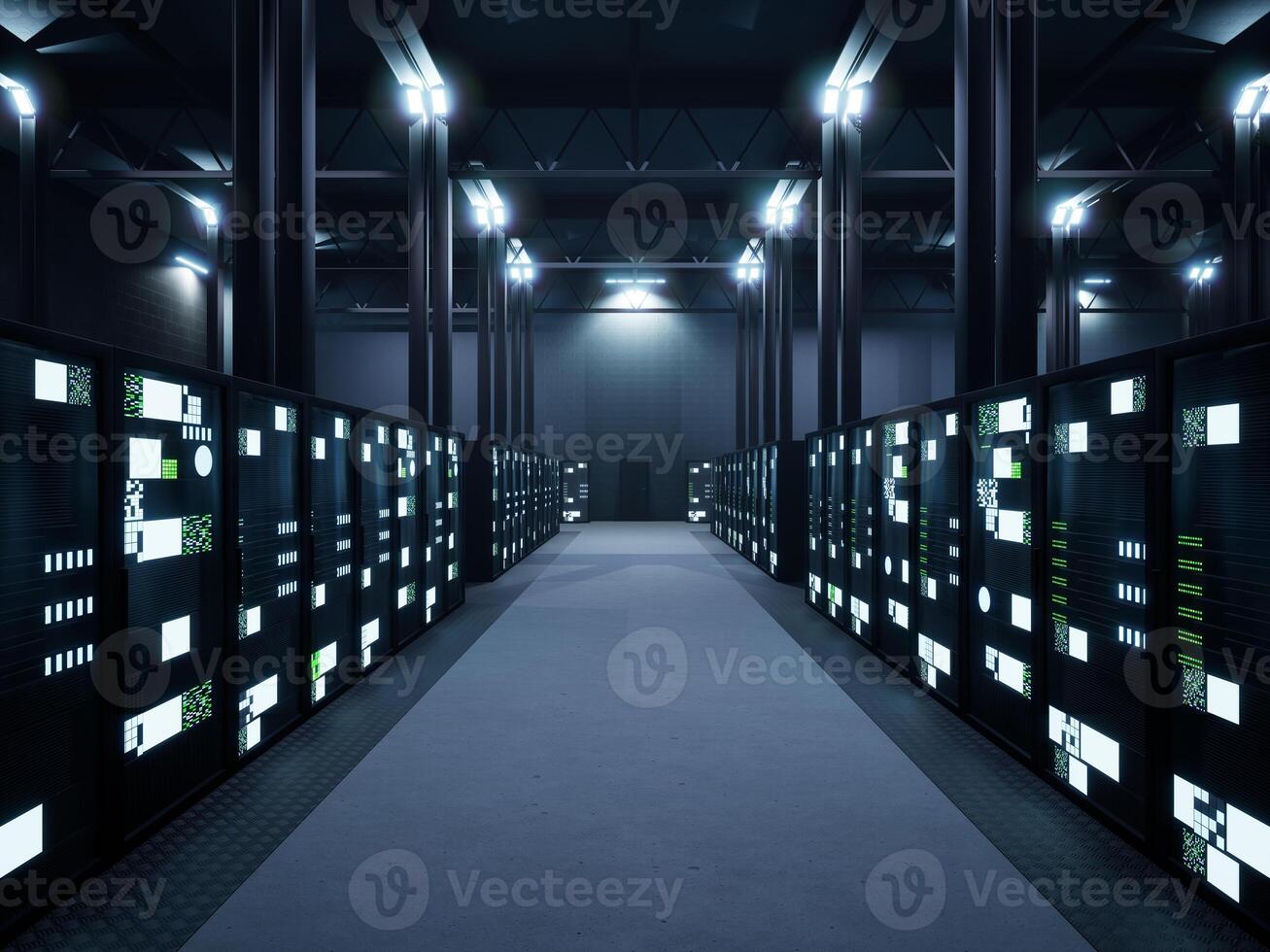 Database servers in render farm with flickering lights for neural network, hardware information and cloud computing storage. Data center with artificial intelligence. 3d render animation. photo