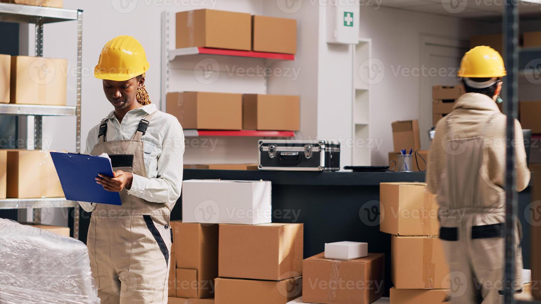 Team of women talking about package delivery service in storage room, examining stock in cardboard boxes. Diverse people checking merchandise and products in warehouse. Tripod shot. photo