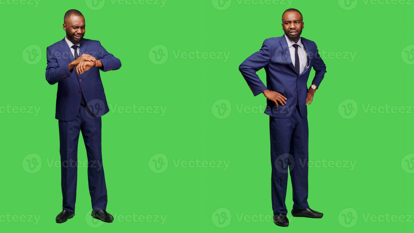 Corporate employee looking at wristwatch to check time, being punctual over full body green screen backdrop. Young entrepreneur with office suit checking hour and running late. photo