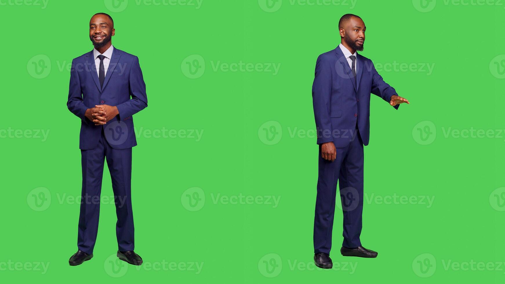Startup worker talking to people and waving in studio, wearing business suit over full body green screen. Young businessman having conversation on camera, calling someone over. photo