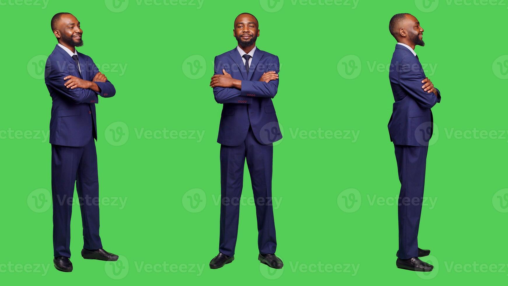 Startup manager feeling confident on camera, wearing business suit to work on corporate job. Smiling adult entrepreneur posing over greenscreen full body background, company man. photo