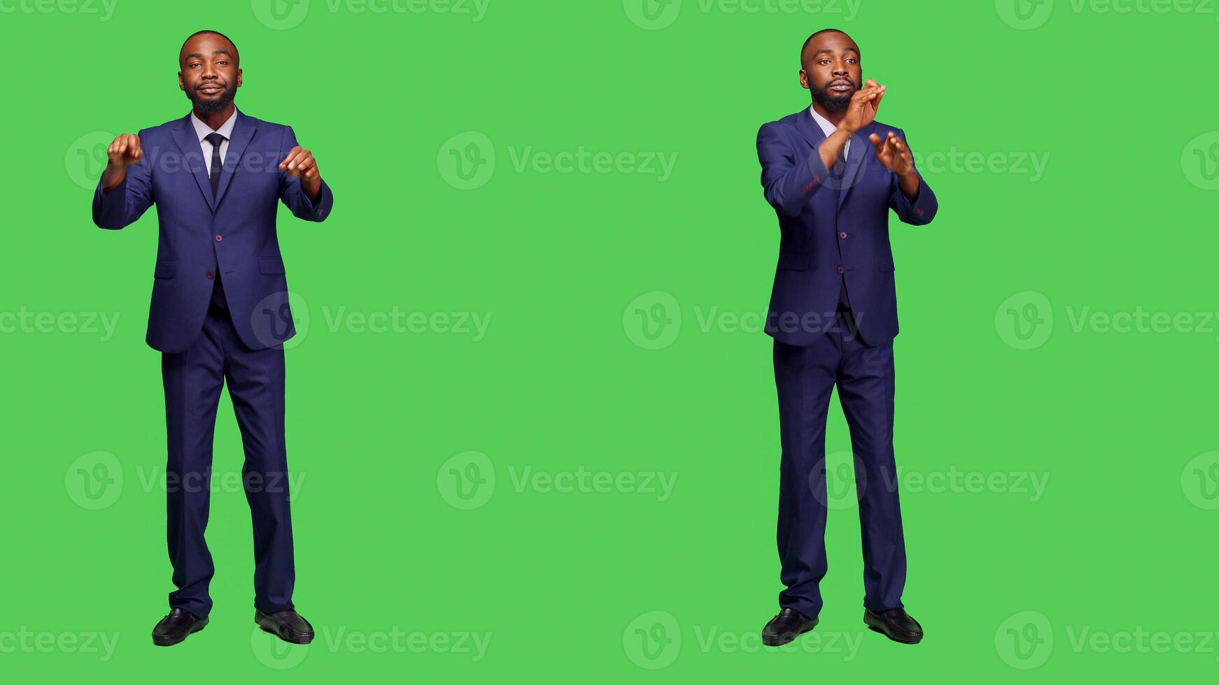 African american man having choir concert for opera event, conducting symphony standing over greenscreen backdrop. Male musician choirmaster playing formal music, modern conductor. photo