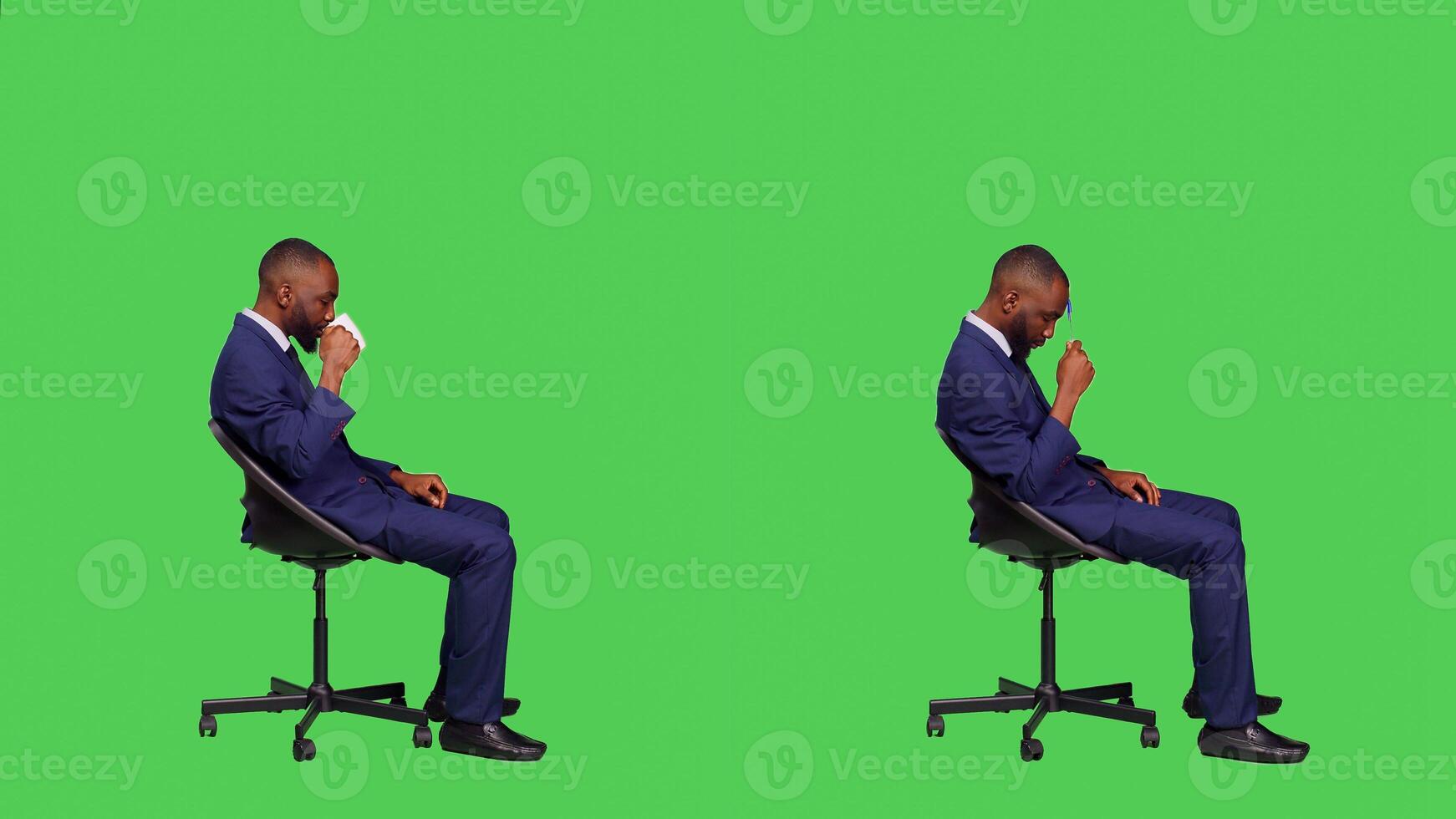Office employee drinking coffee and brainstorming ideas, enjoying caffeine refreshment in studio and thinking about solutions for business company. Young manager on greenscreen backdrop. photo
