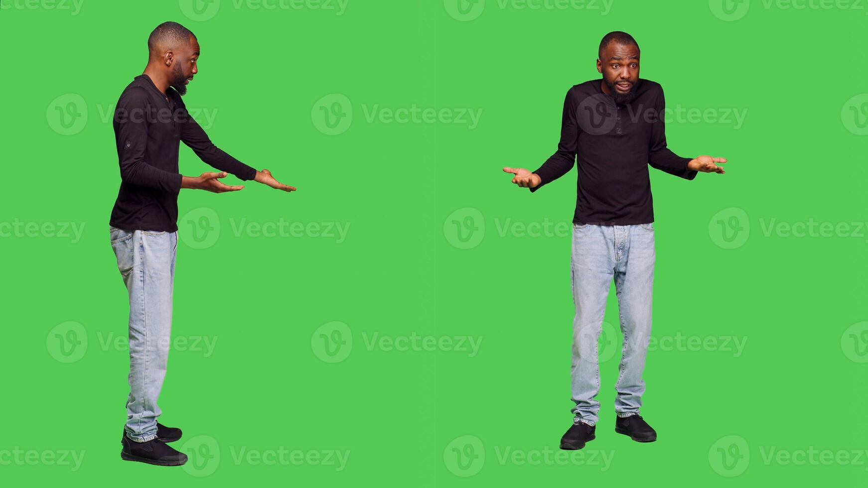 Disappointed person fighting with someone in studio, feeling furious and having argument on camera. Male model being aggressive and violent, posing over green screen background. photo