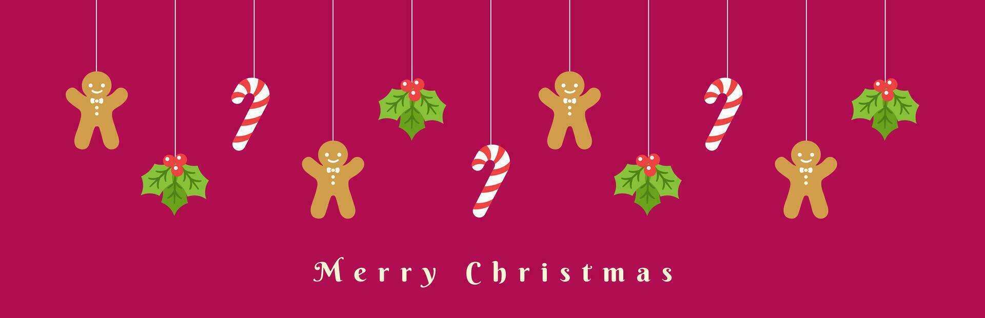 Merry Christmas Border Banner, Hanging Gingerbread Cookies and Mistletoe Garland. Winter Holiday Season Header Decoration. Festive Ornaments Web Template. Vector illustration.