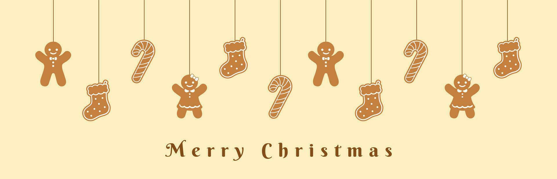 Merry Christmas Border Banner, Hanging Gingerbread Cookies Garland. Winter Holiday Season Header Decoration. Biscuits in Festive Shapes for web banner template. Vector illustration.