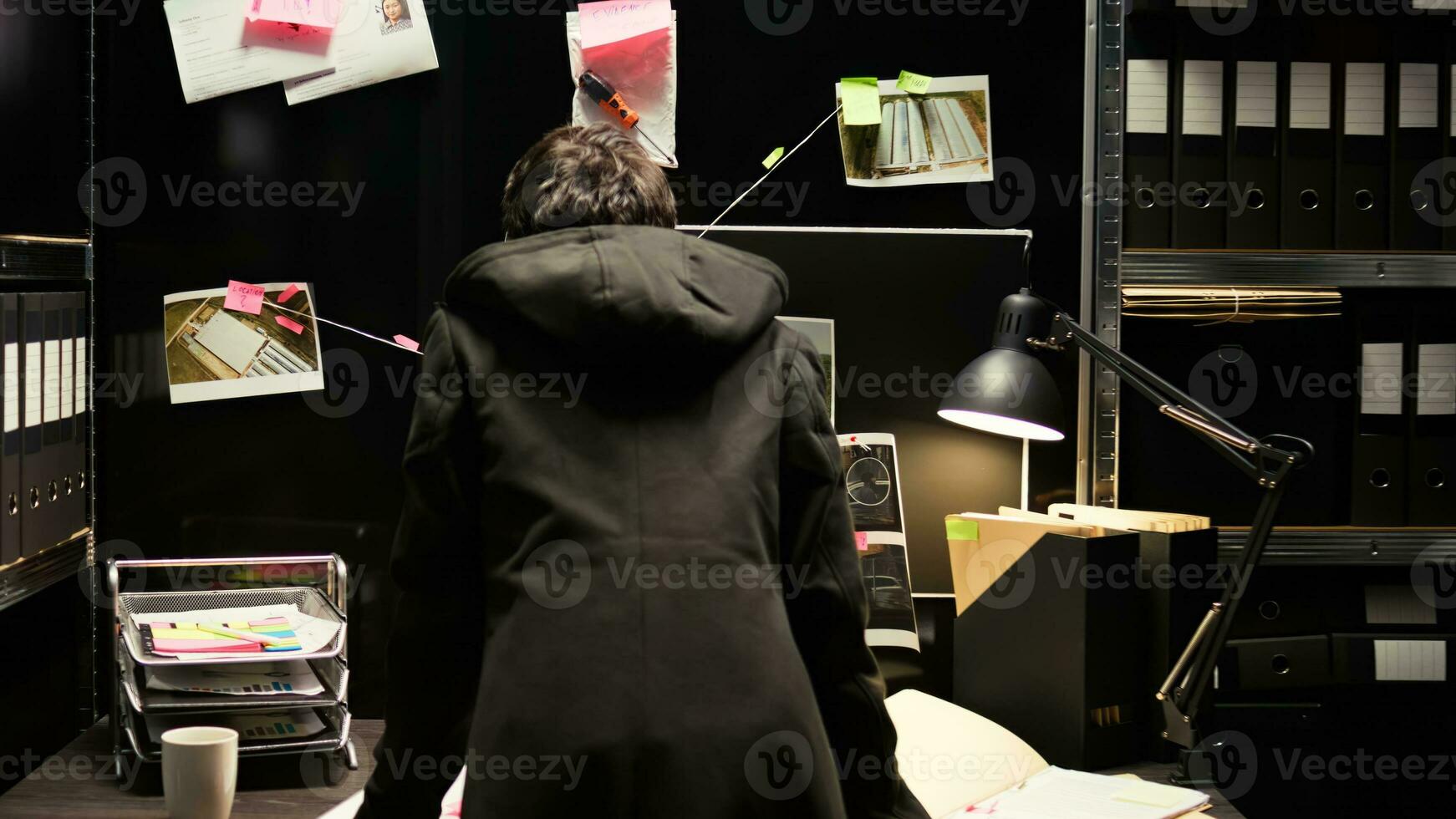 Woman officer gather intelligence on board in incident room, evaluating forensic evidence authenticity. Private investigator conducting police services to make justice, law enforcement. photo