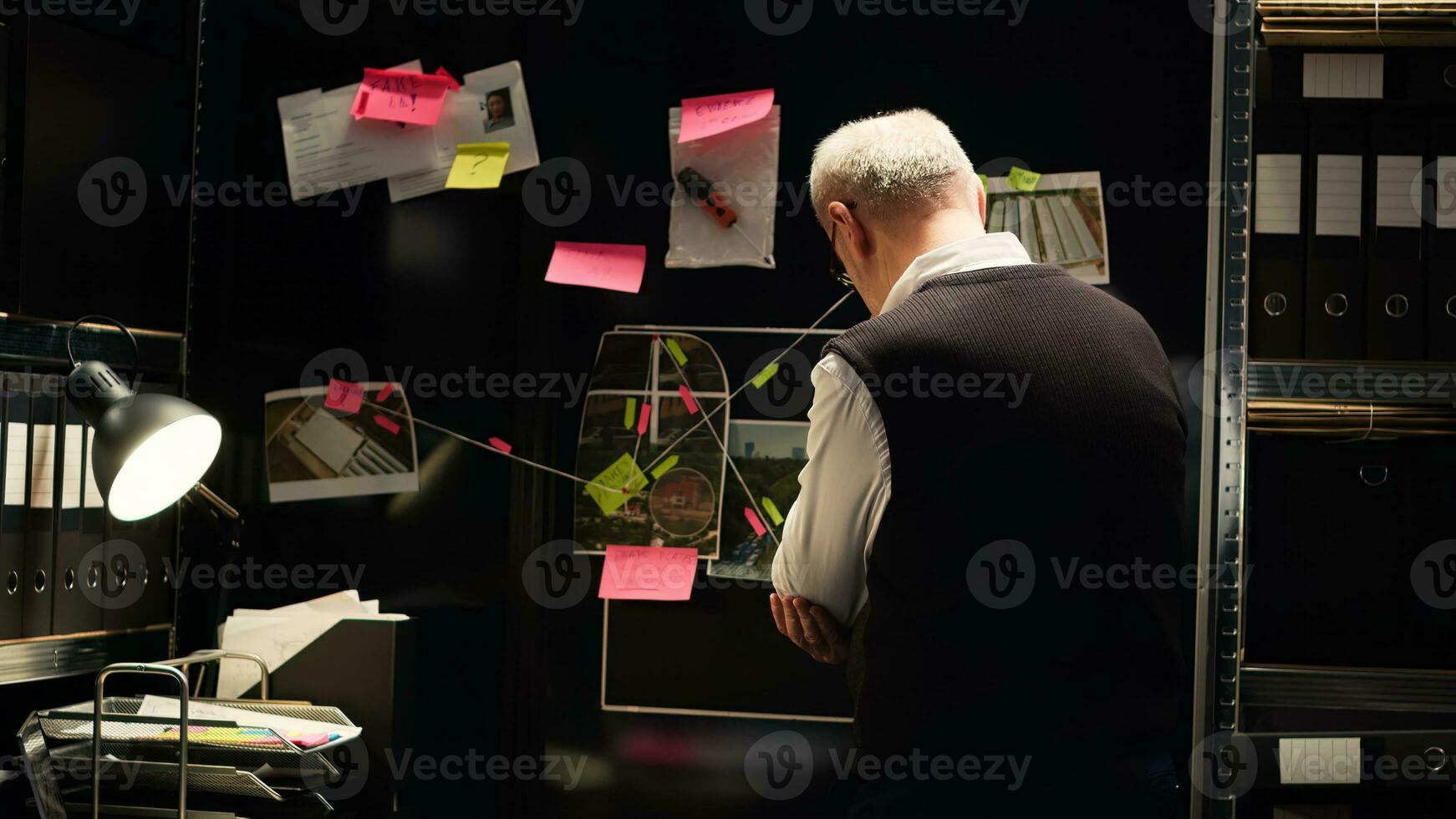 privado agente examinar pistas tablero a conducta delincuente investigación, utilizando clasificado documentos a conectar el puntos en resolviendo misterio. ley aplicación oficial reunión evidencia. Mano disparo. foto