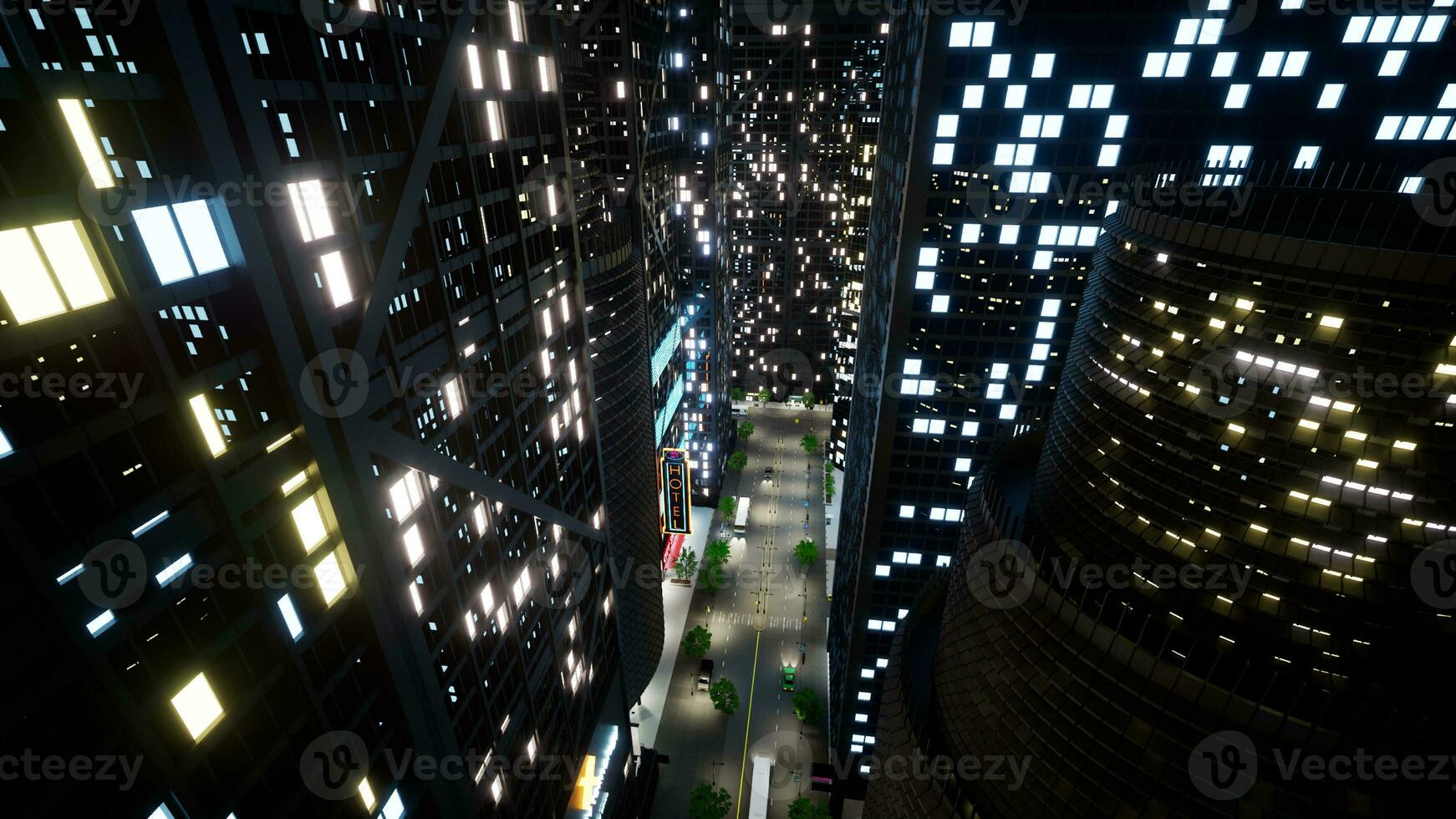 Modern skyscrapers with flashing lights at night, futuristic city with downtown streets and office buildings. Urban metropolis business district and landscape. 3d render animation. photo