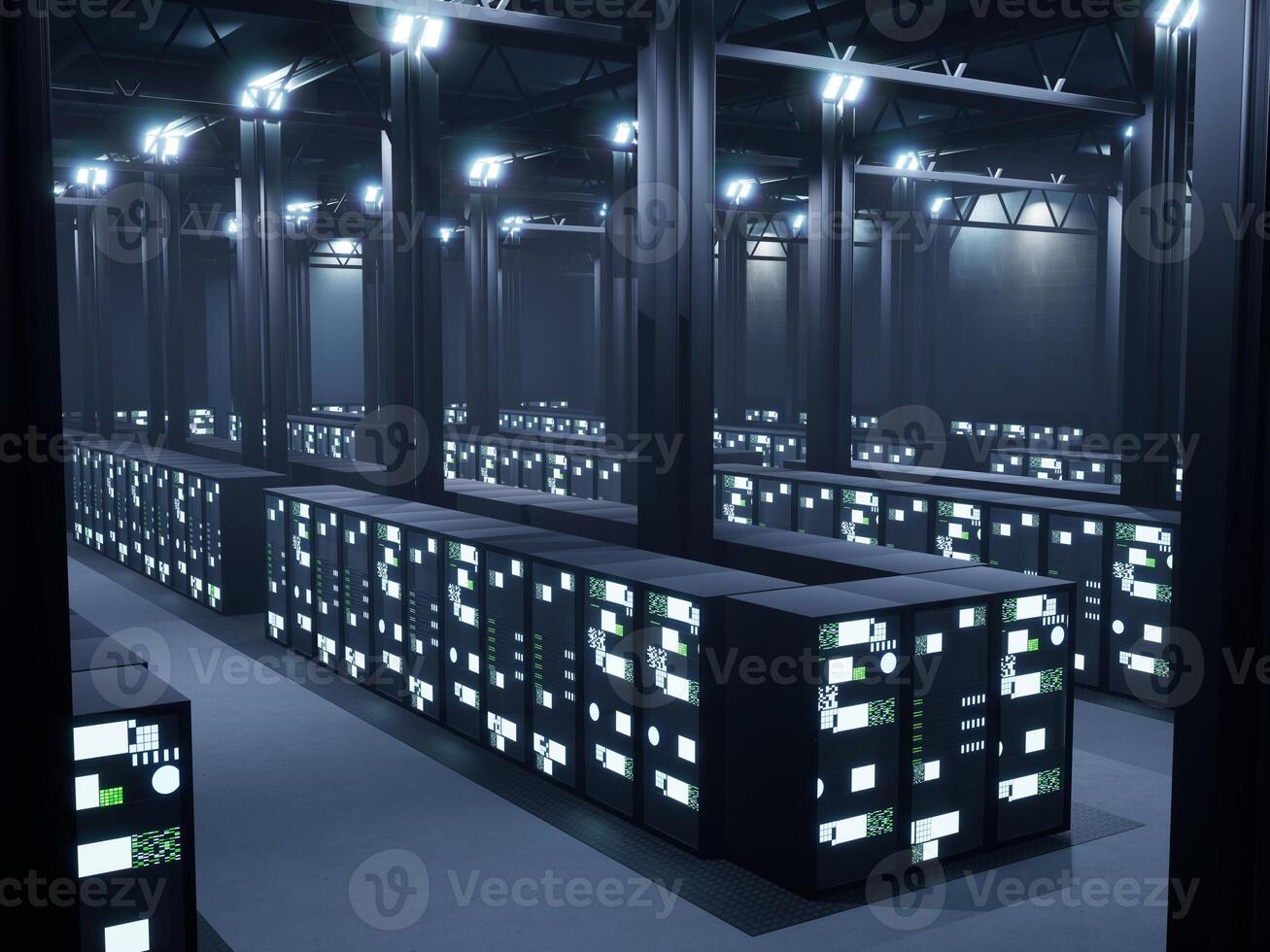 Information storage data center with servers racks, corridor with disruptive technology and hardware database. Lights flashing in modern server room, tech system. 3d render animation. photo