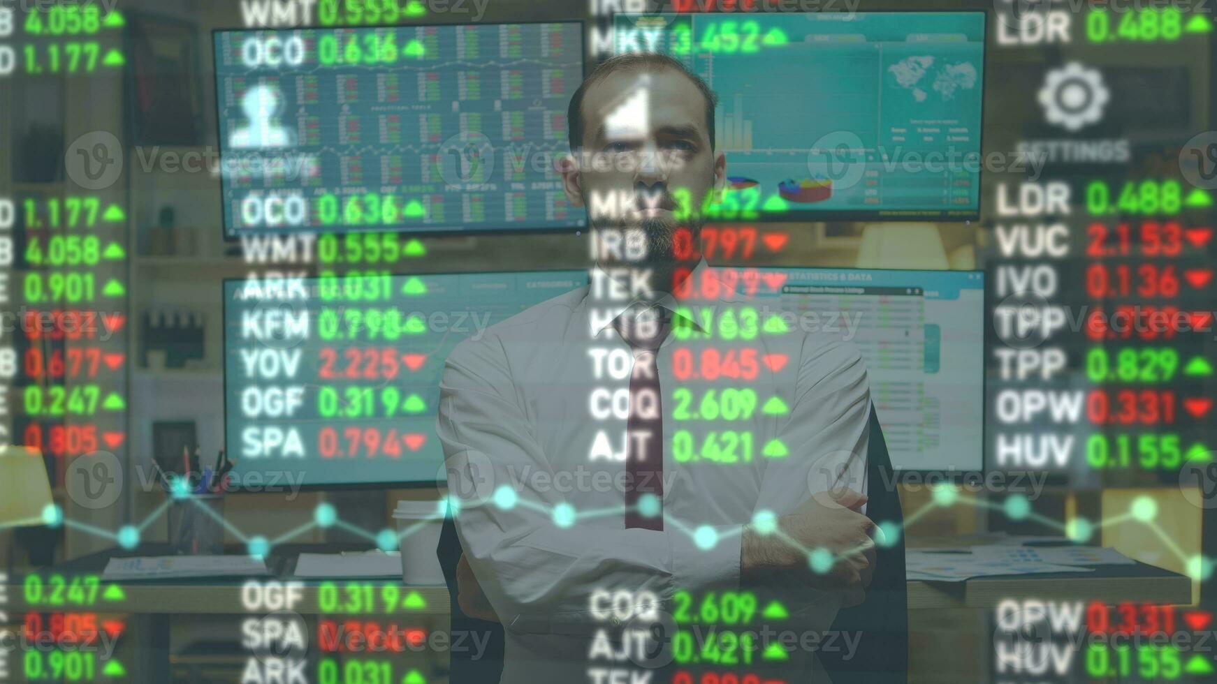 Expert uses augmented reality to analyze financial charts, data, and statistics. Focused investor examining stock market sales and trends to come up with investment opportunities photo