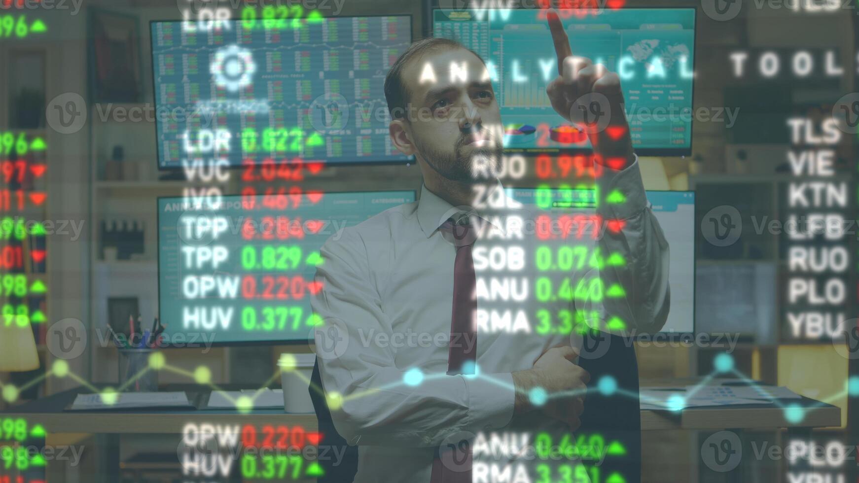 Investor using technology driven AR visualization aid to come up with effective trading strategies. Analyst analyzing banking, bond trading, stock market data, sales numbers and statistics graphs. photo