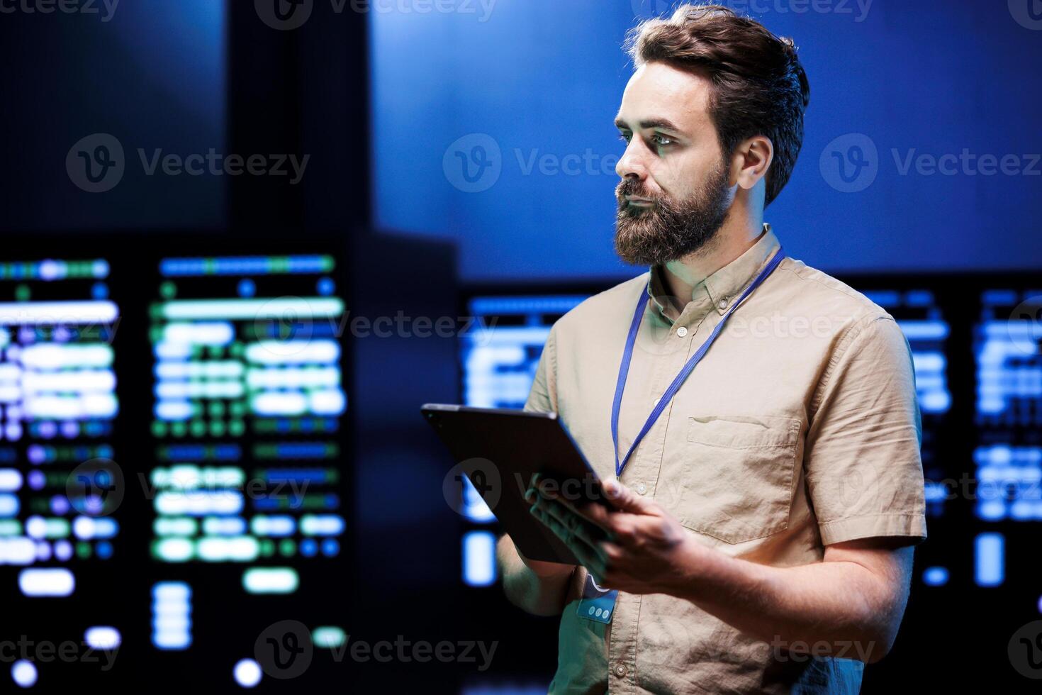 Meticulous computer scientist monitoring server racks, optimizing them for data processing requirements of AI workloads. Manager overseeing neural network data center used for machine learning photo