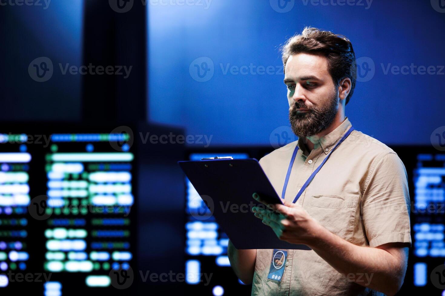 Expert inspecting high tech facility servers responsible with intense data computations demanding high capacity, scalable, error free network to effectively support machine learning training photo