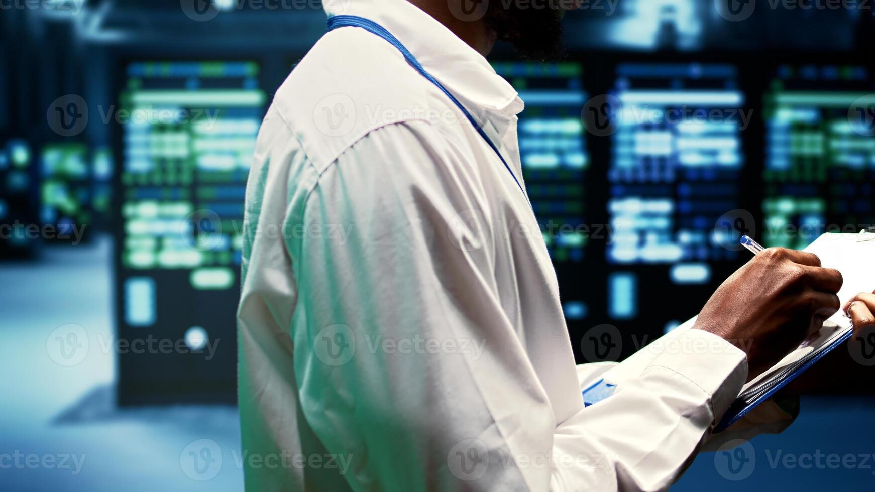 Engineer checking web servers hosting websites and delivering content to clients over the internet. Expert closely monitoring critical systems, checking for any potential issues, close up photo