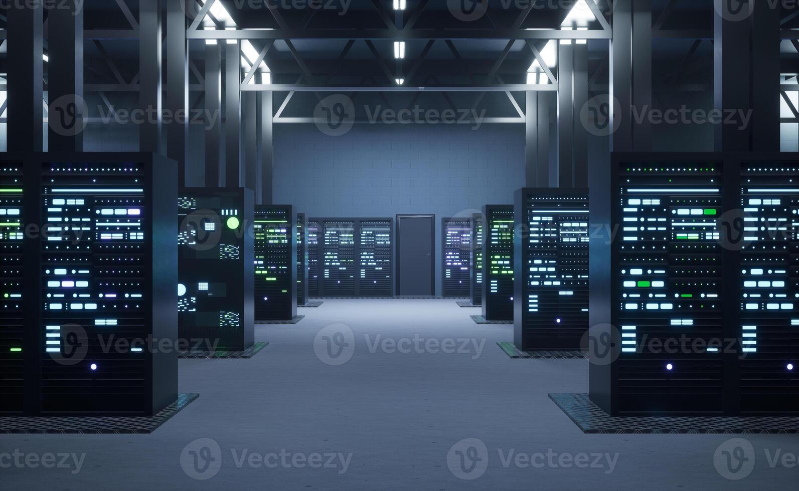 Empty data center housing thousands of blade servers, storage devices and networking infrastructure. Mainframes providing large amounts of computing power, 3D render animation photo
